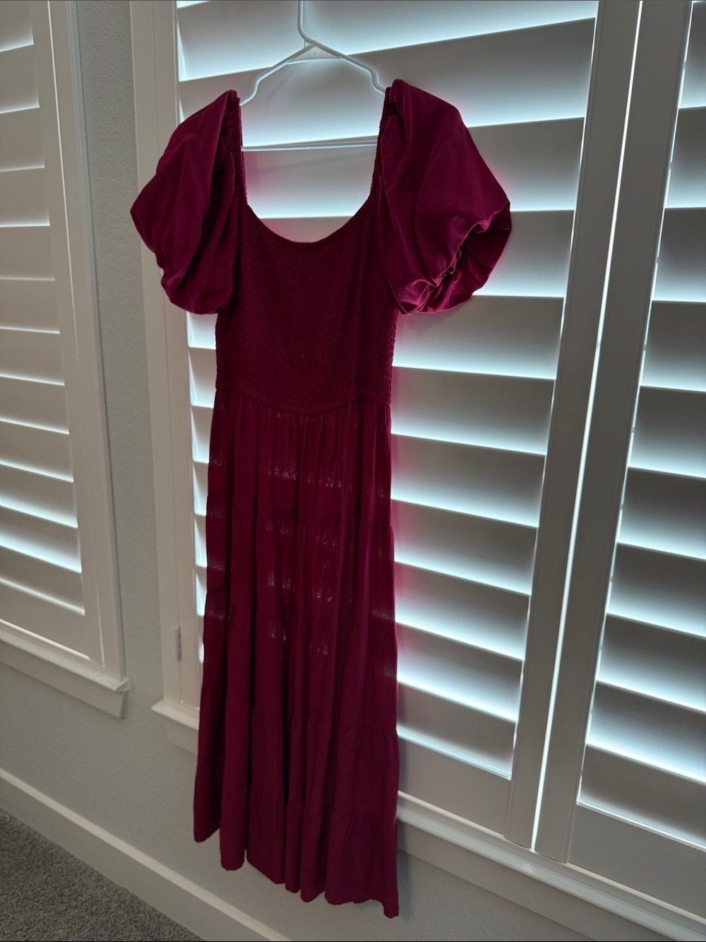 Smocked Puff Sleeve Maxi Dress in Magenta